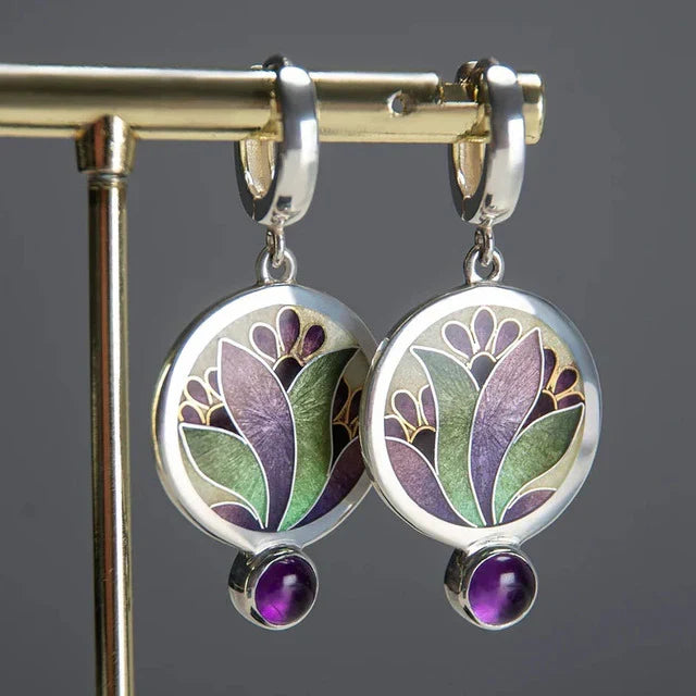 Aretes Boho Vintage con Cristales Púrpura | Oro blanco