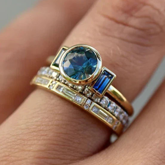Juego de Anillos Elegante Azul Antiguo | Oro