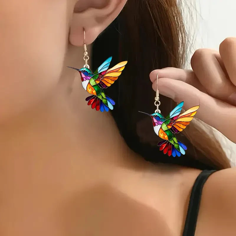 Aretes Colibrí Colorido | Oro blanco